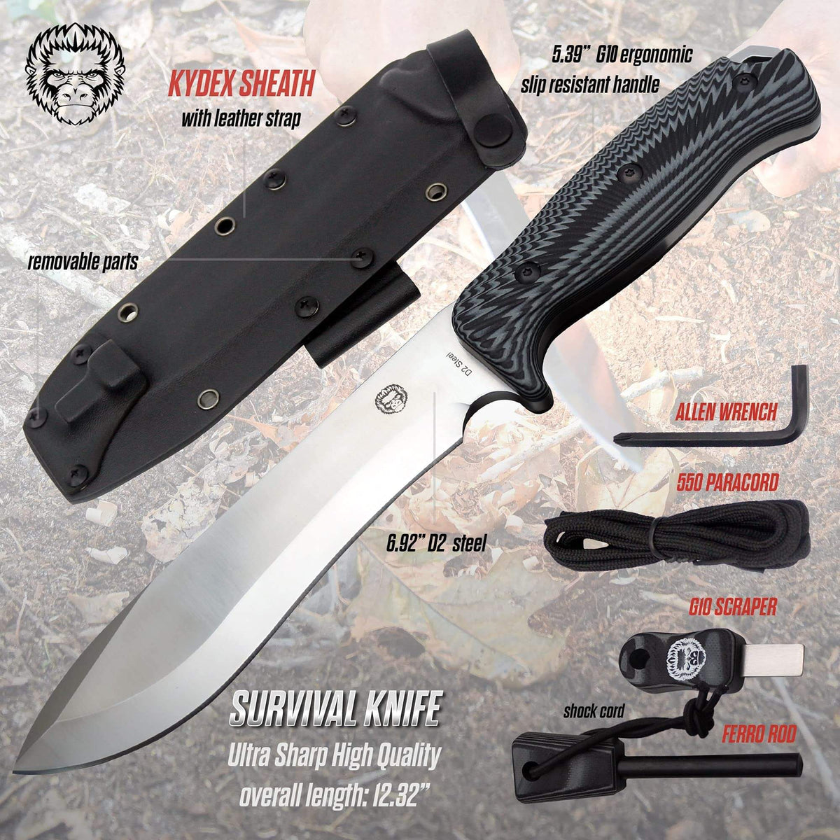 Large D2 Survival Knife  FREE SHIPPING for $150 orders – Holtzman's  Gorilla Survival